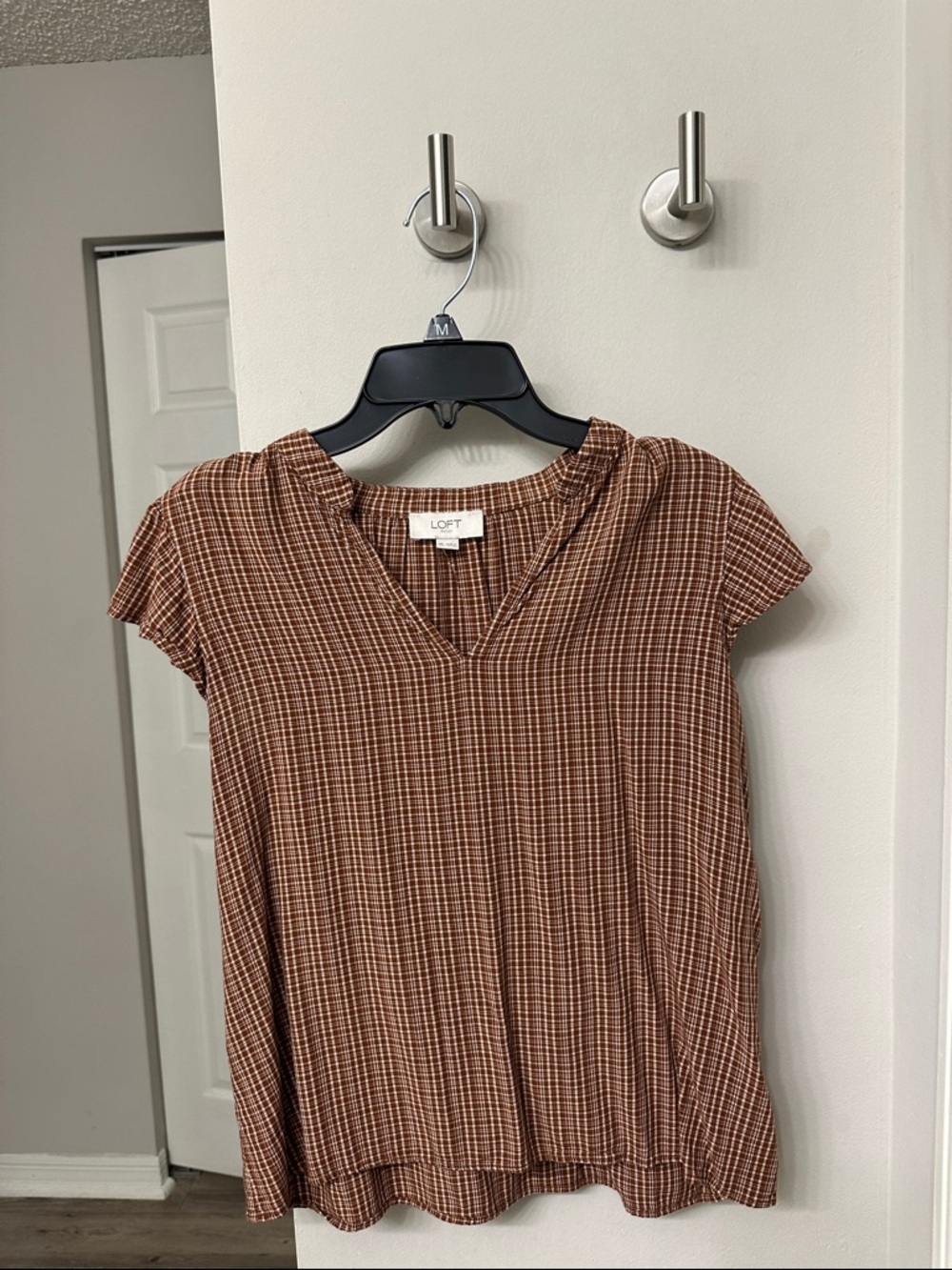 LOFT Brown Plaid Cap Sleeve V-Neck Top